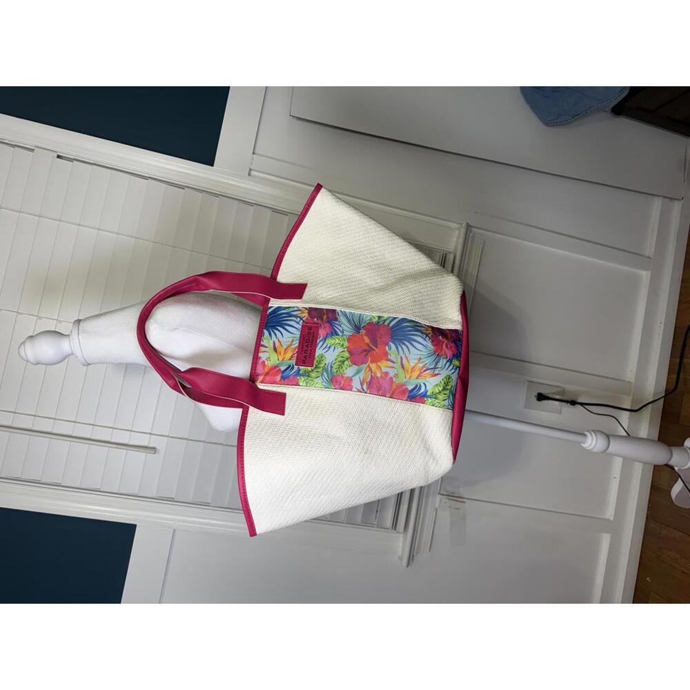 Sofia Vergara Large White Tote Bag with Tropical Floral Design and Pink Handles